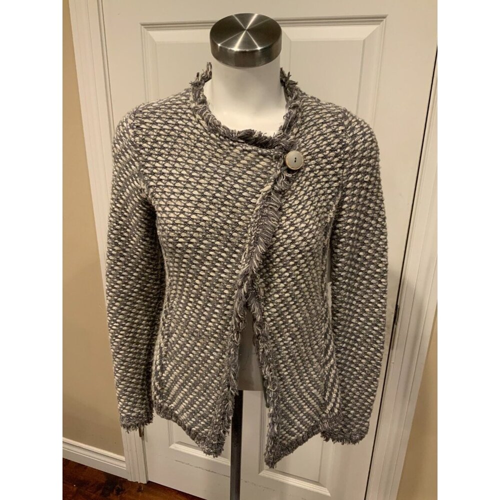 Angel of the North Anthropologie Gray Tweed Swing Cardigan w/ Fringe Trim, Sz XS